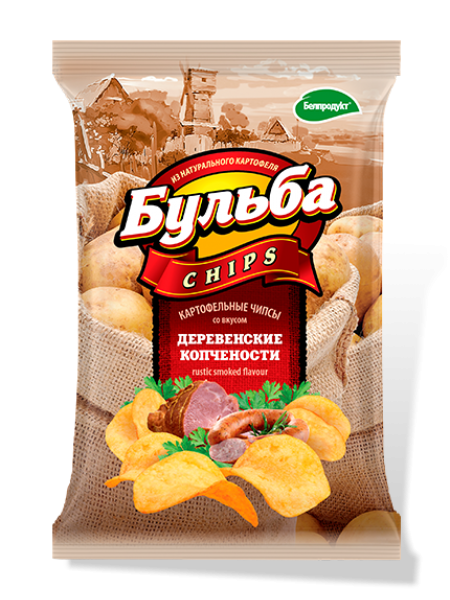 Чипсы картофельные "Бульба chips" со вкусом деревенских копченостей (из сырного картофеля) 75г*28